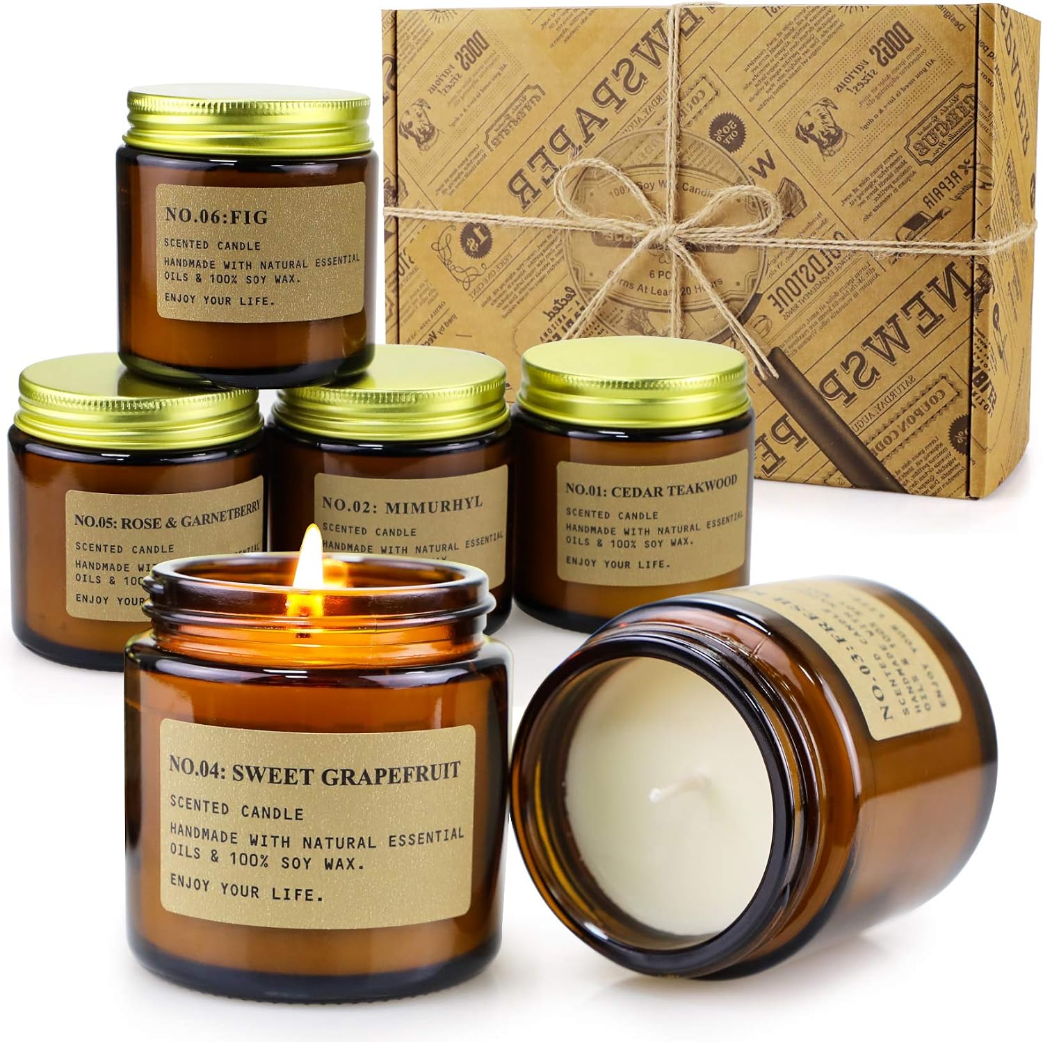 Amber Jar Scented Candles, Soy Wax, Six Piece Gift Set