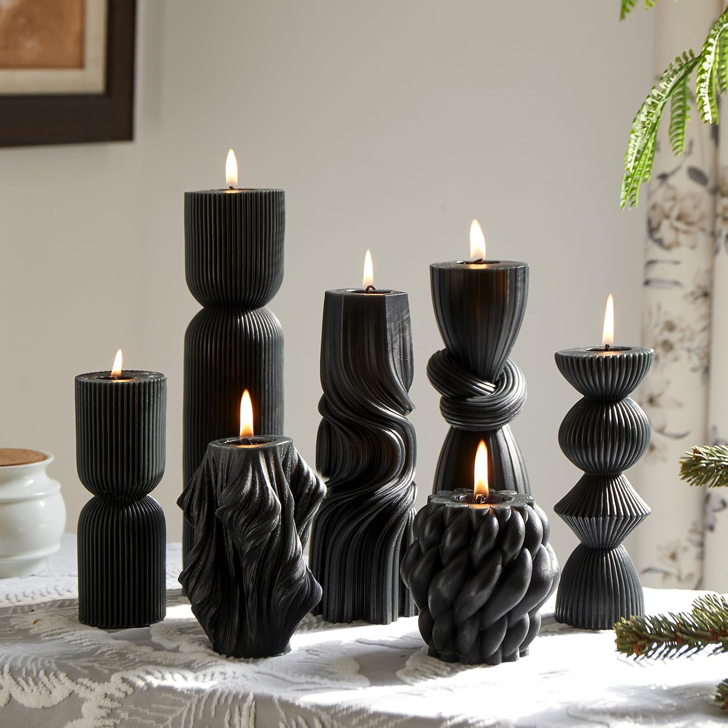 7 White Soy Wax Pillar Candles, Assorted Ribbed Designs - Image 11
