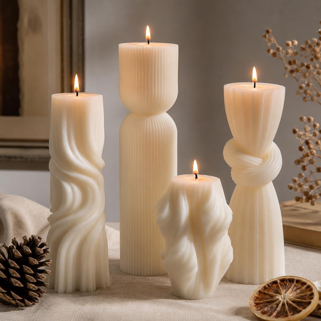 7 White Soy Wax Pillar Candles, Assorted Ribbed Designs - Image 12