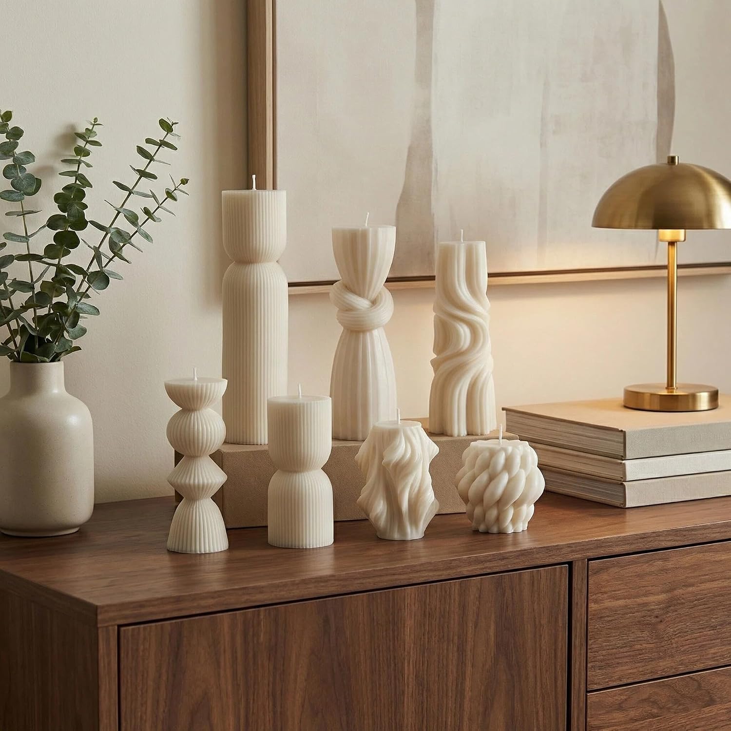 7 White Soy Wax Pillar Candles, Assorted Ribbed Designs - Image 7