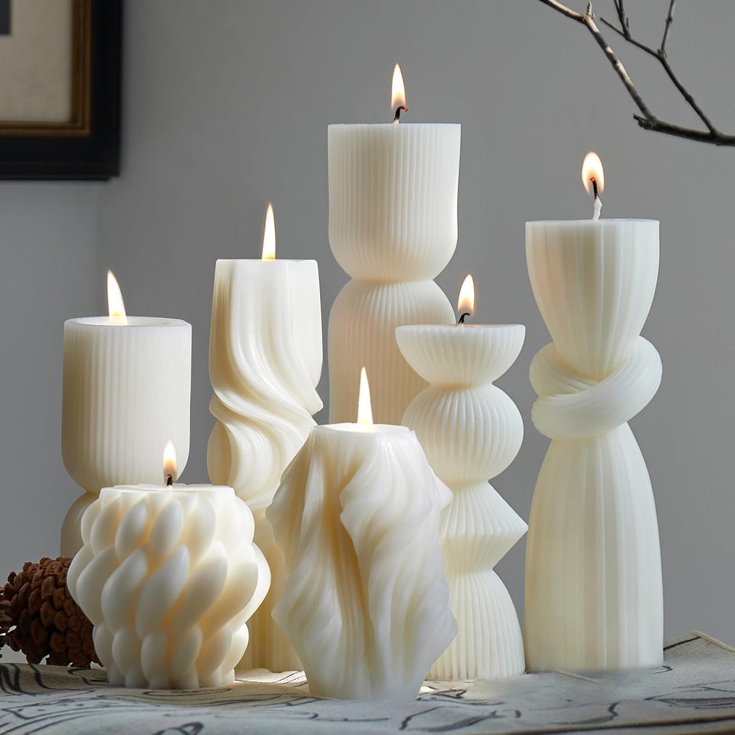 7 White Soy Wax Pillar Candles, Assorted Ribbed Designs