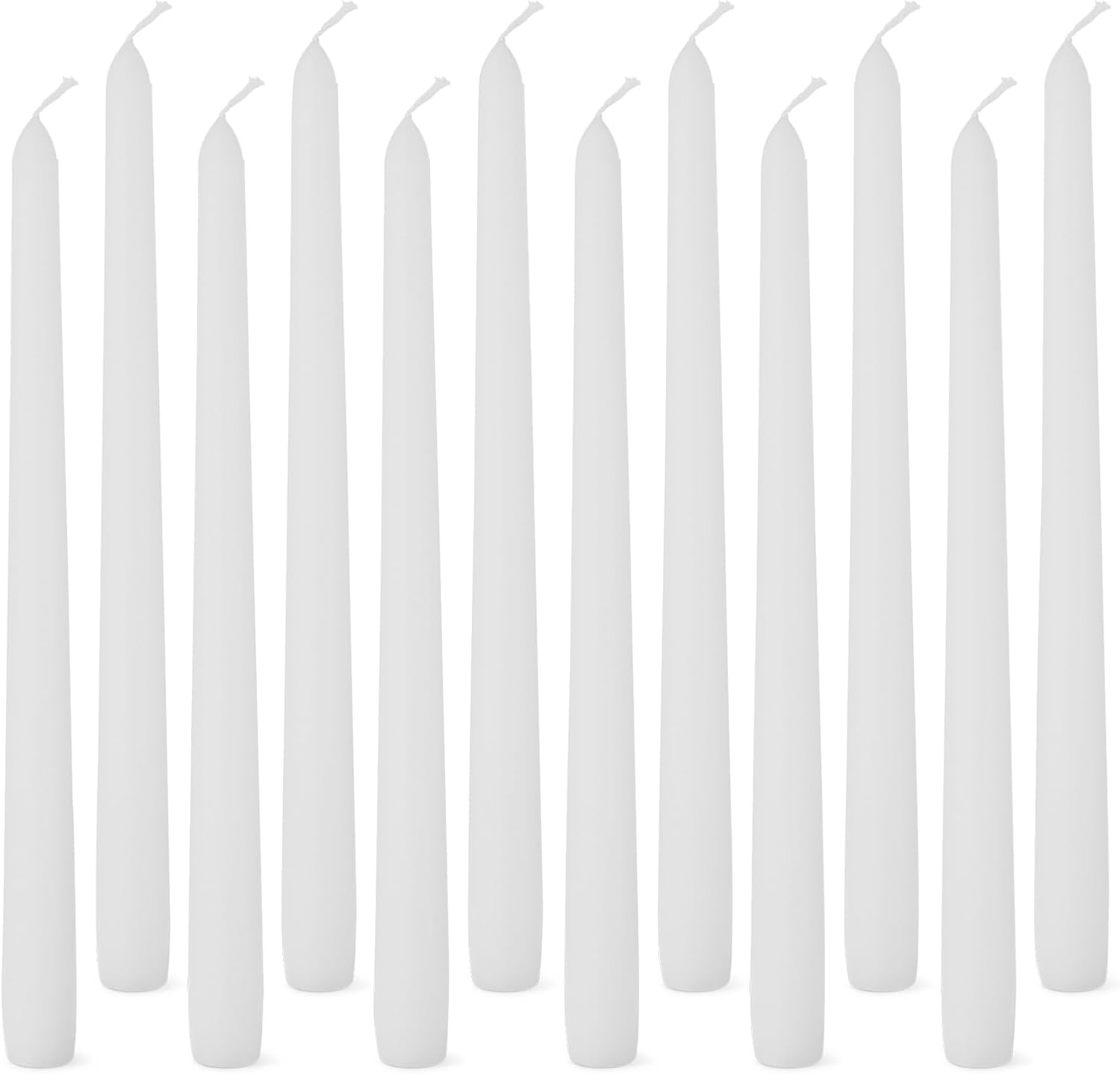 12 White Unscented Taper Candles, Paraffin and Palm Wax, 10 Inch
