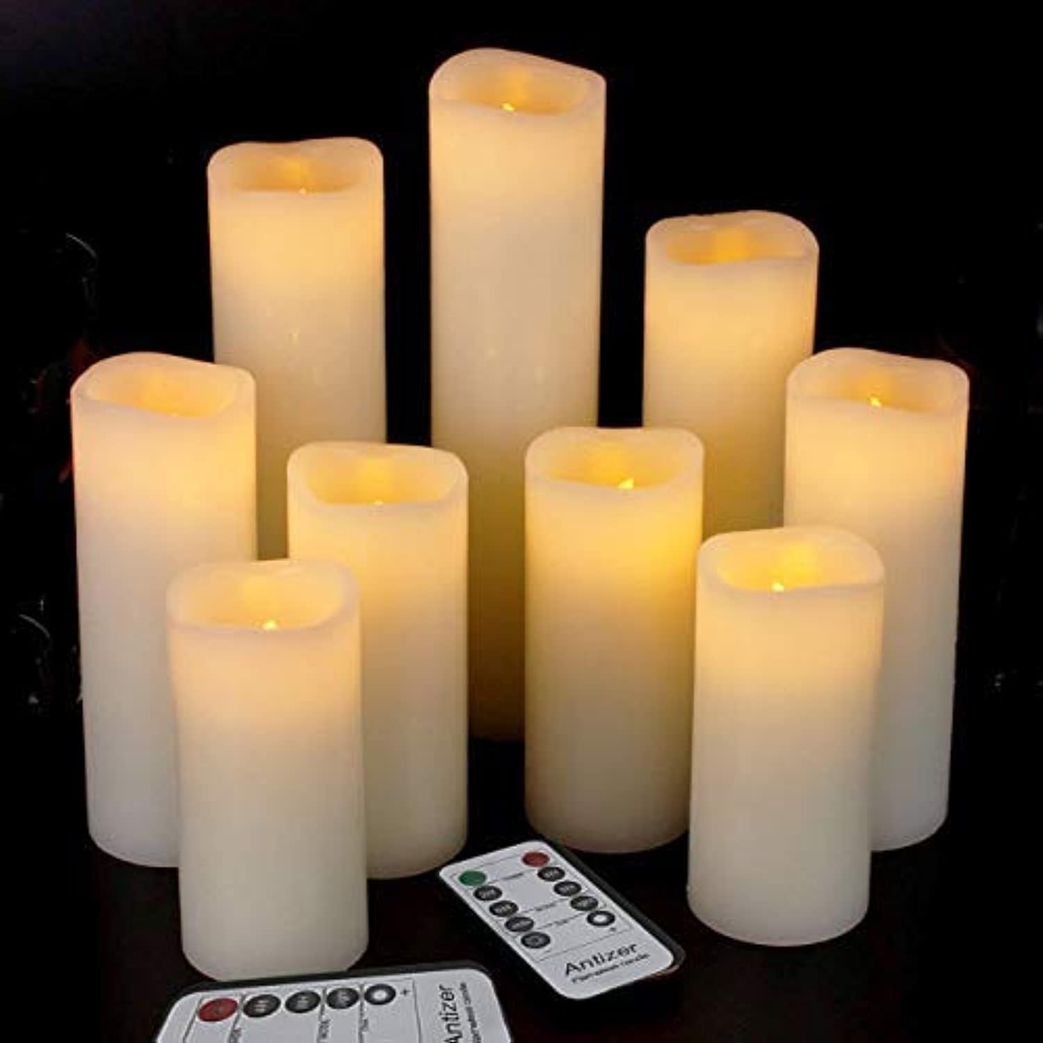 Ivory Flameless LED Pillar Candles, Real Wax, 9 Piece Set with Remotes
