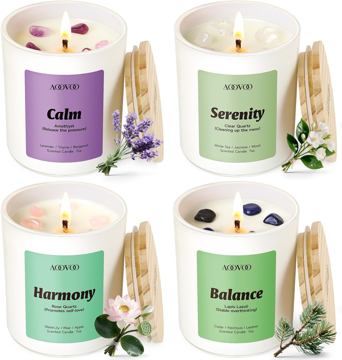 Four Scented Jar Candles with Natural Crystals, 7 oz Each