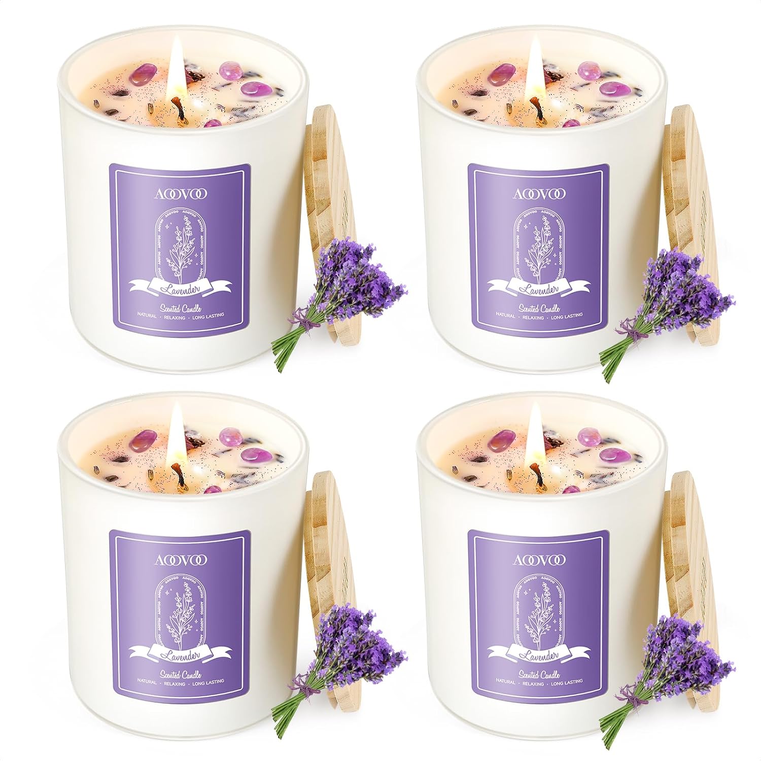 Lavender Scented Jar Candles with Crystals, 4 Pack