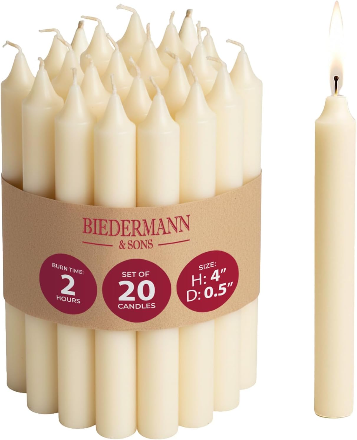 20 Ivory Unscented Dripless Chime Candles, 4 Inch Taper