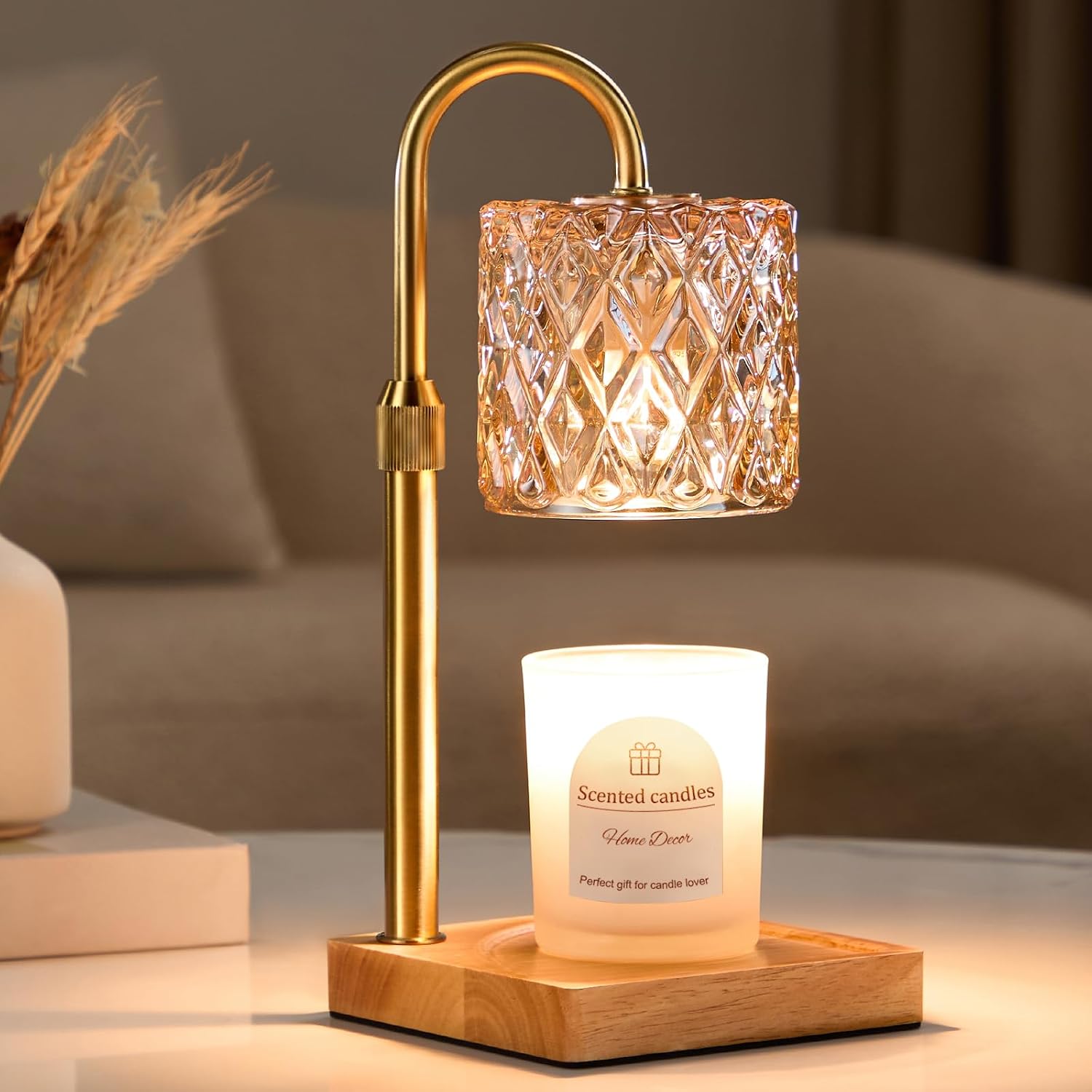 Adjustable Candle Warmer Lamp with Timer, Amber Glass Shade