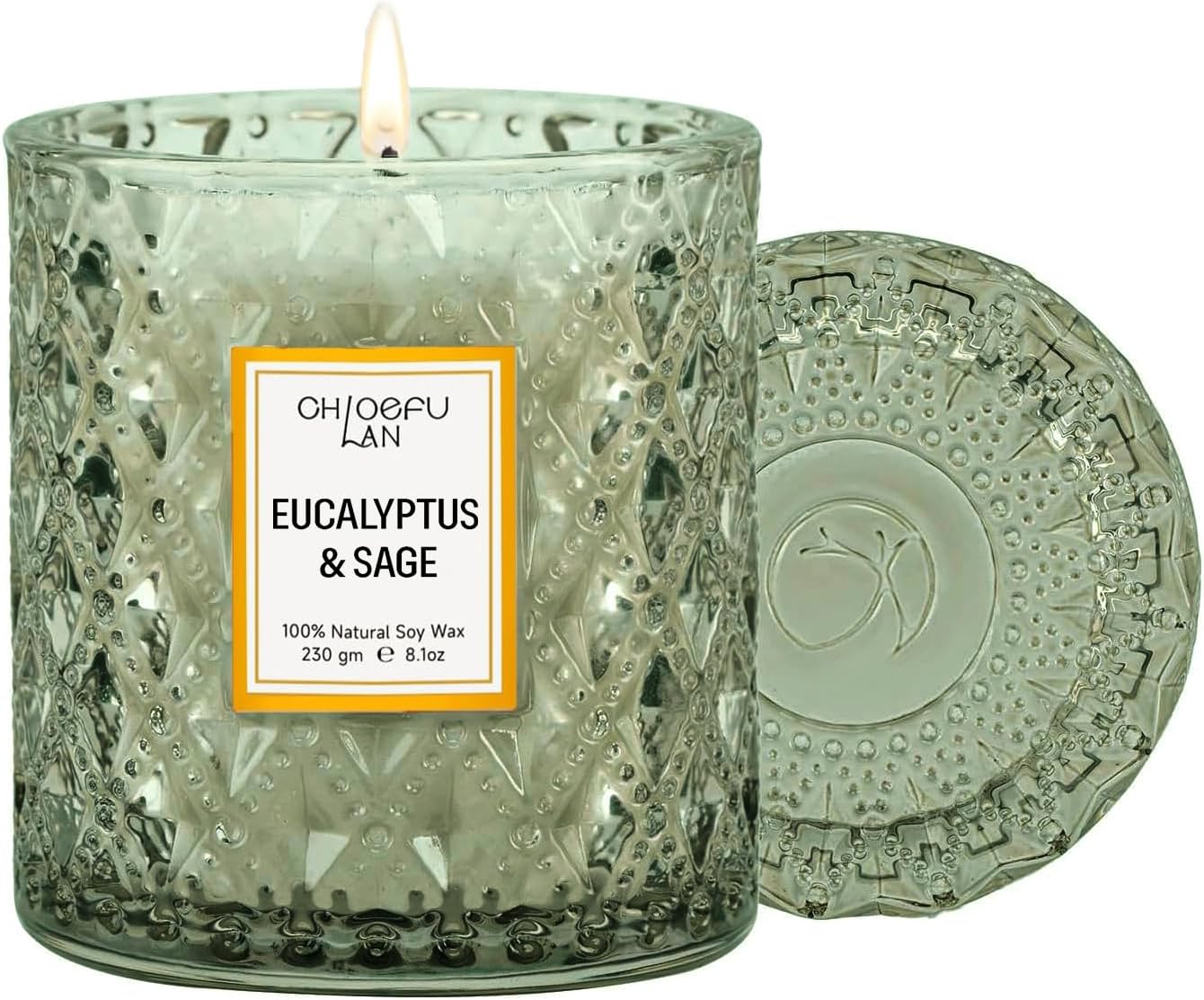 Eucalyptus and Sage Scented Candle in Textured Glass Jar with Lid