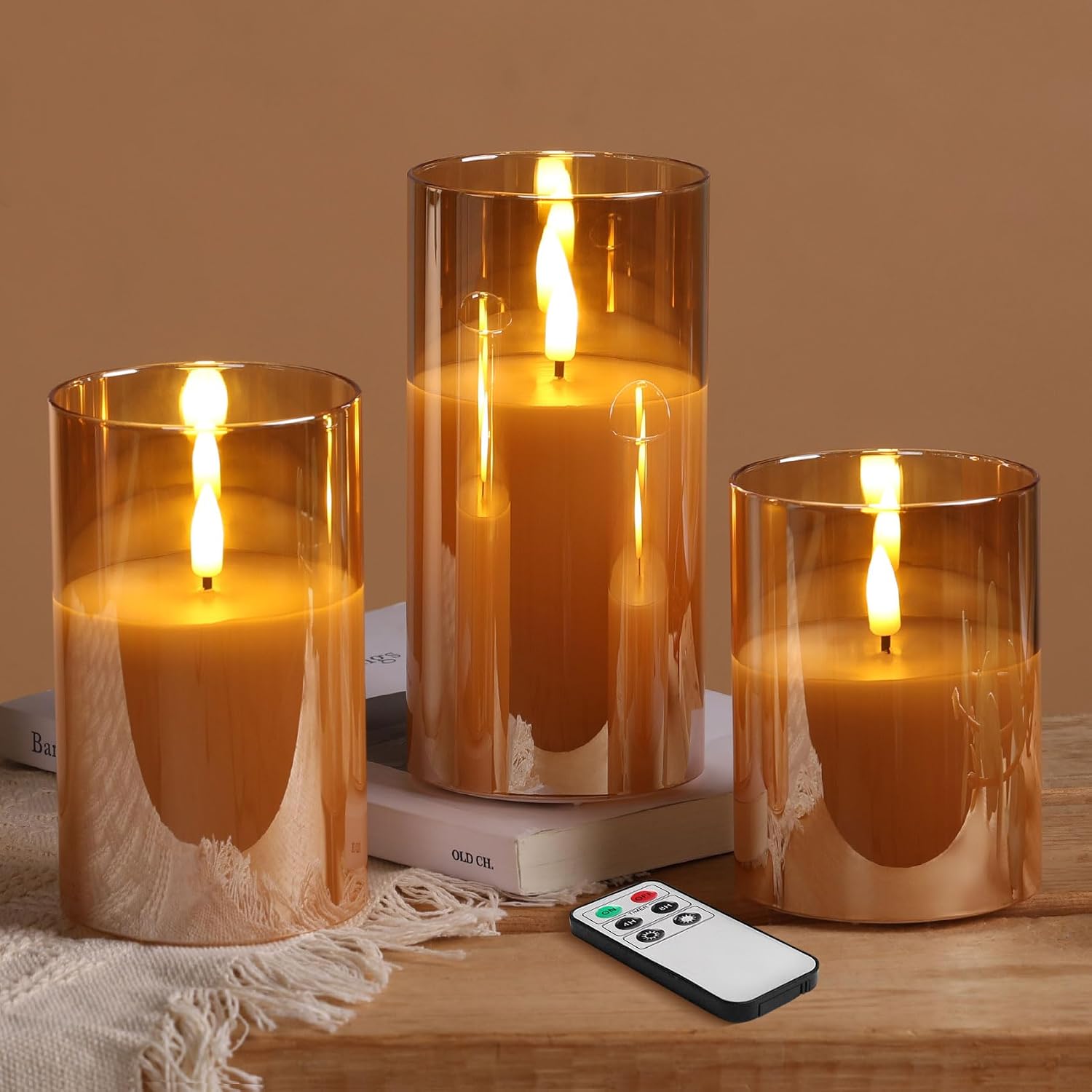 Amber Glass LED Pillar Candles with Remote, Set of 3