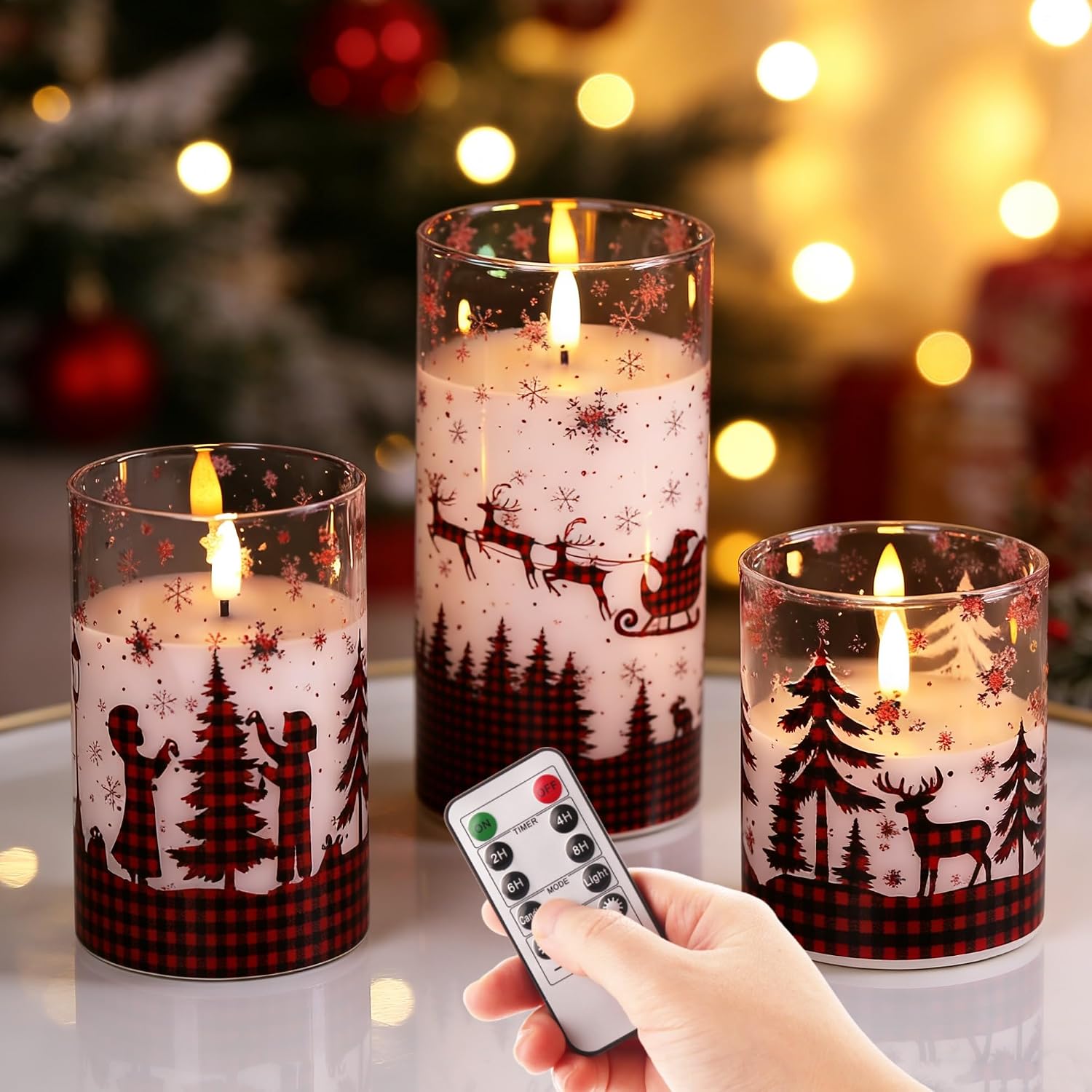 Amber Glass LED Pillar Candles with Remote, Set of 3 - Image 11