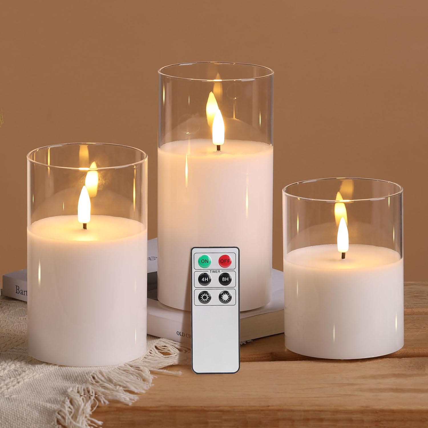 Amber Glass LED Pillar Candles with Remote, Set of 3 - Image 12