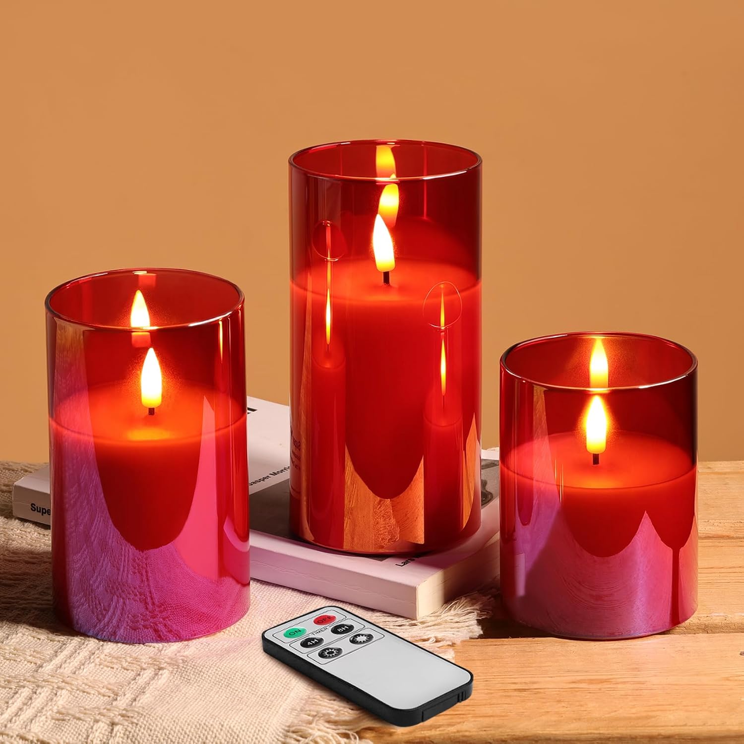 Amber Glass LED Pillar Candles with Remote, Set of 3 - Image 10