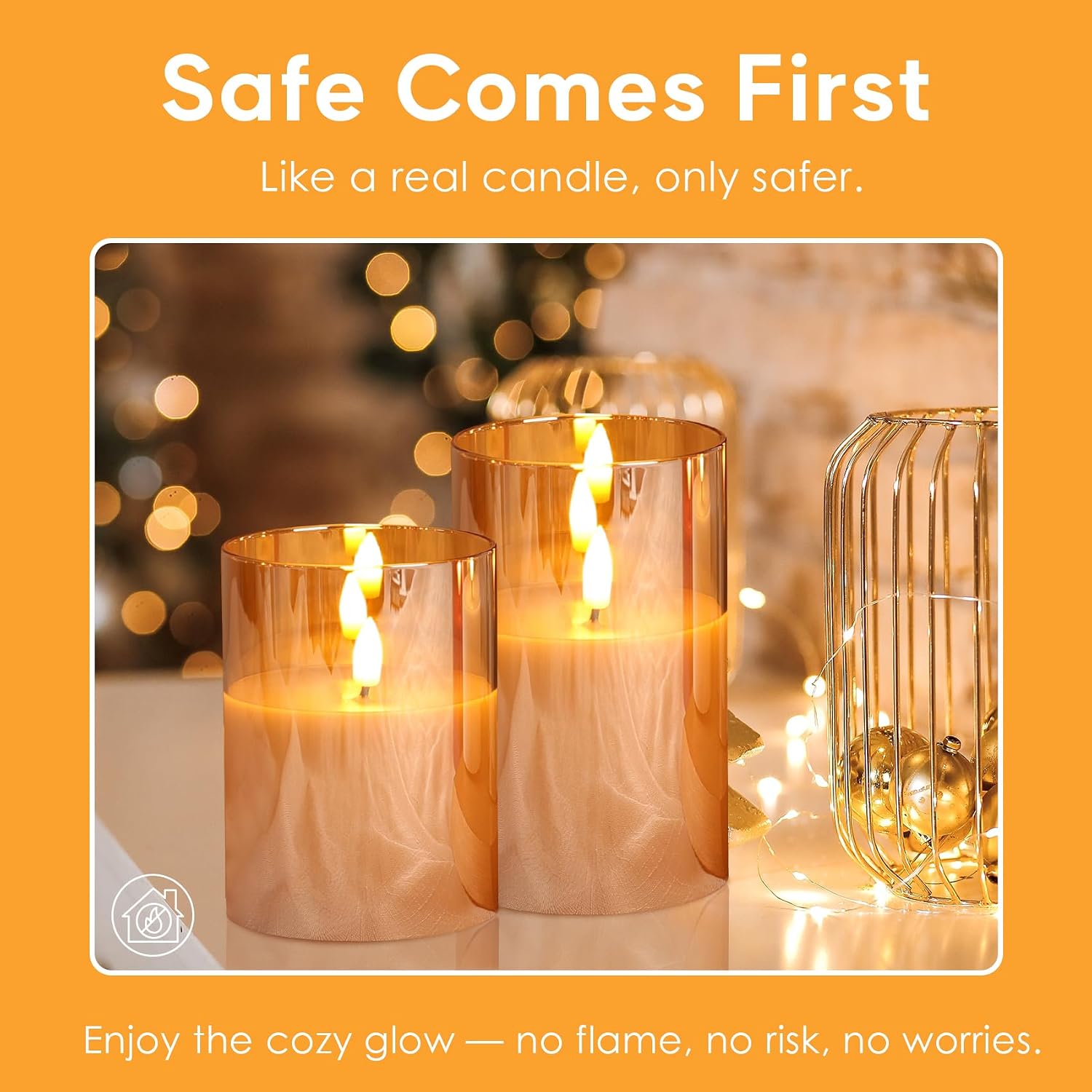Amber Glass LED Pillar Candles with Remote, Set of 3 - Image 7