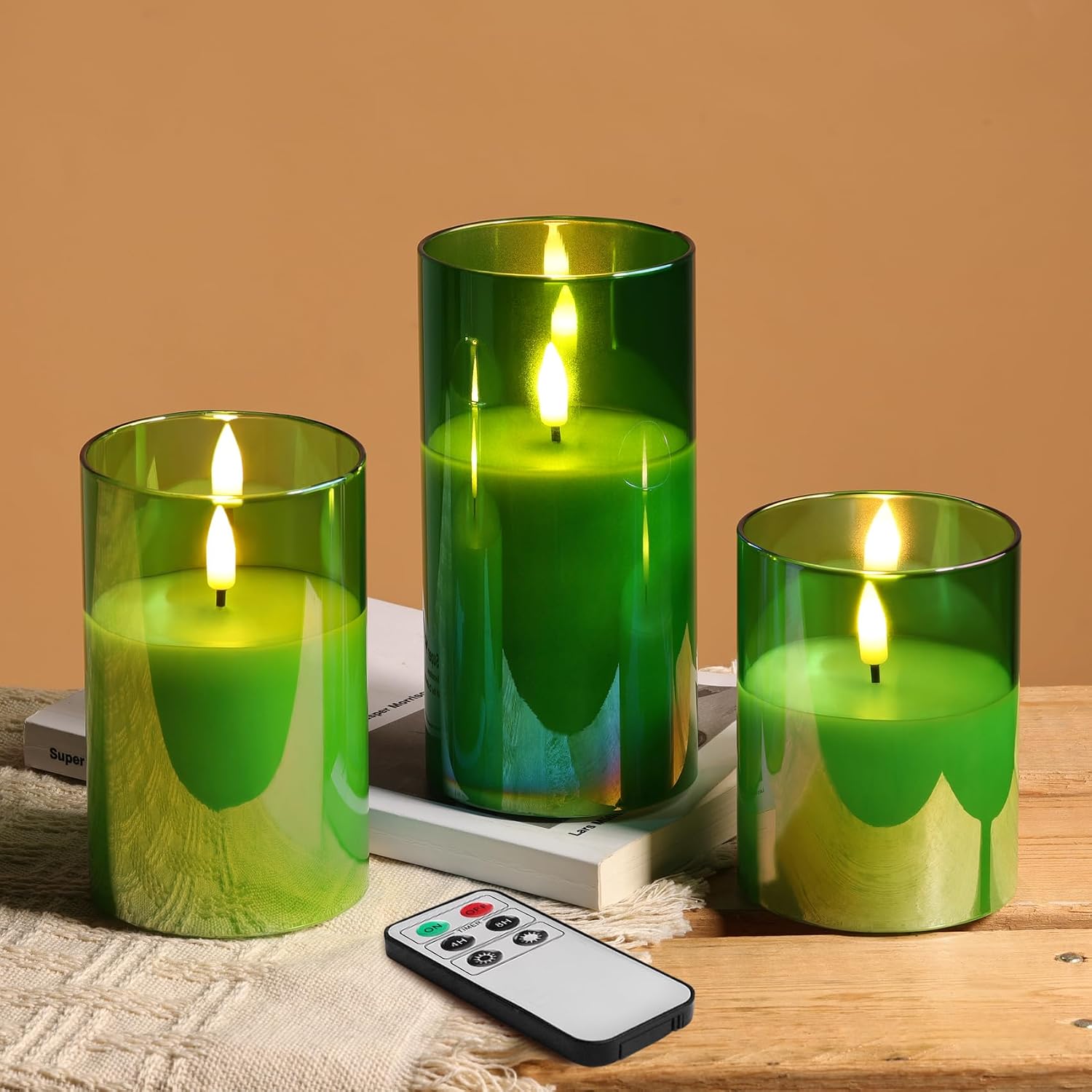 Amber Glass LED Pillar Candles with Remote, Set of 3 - Image 14