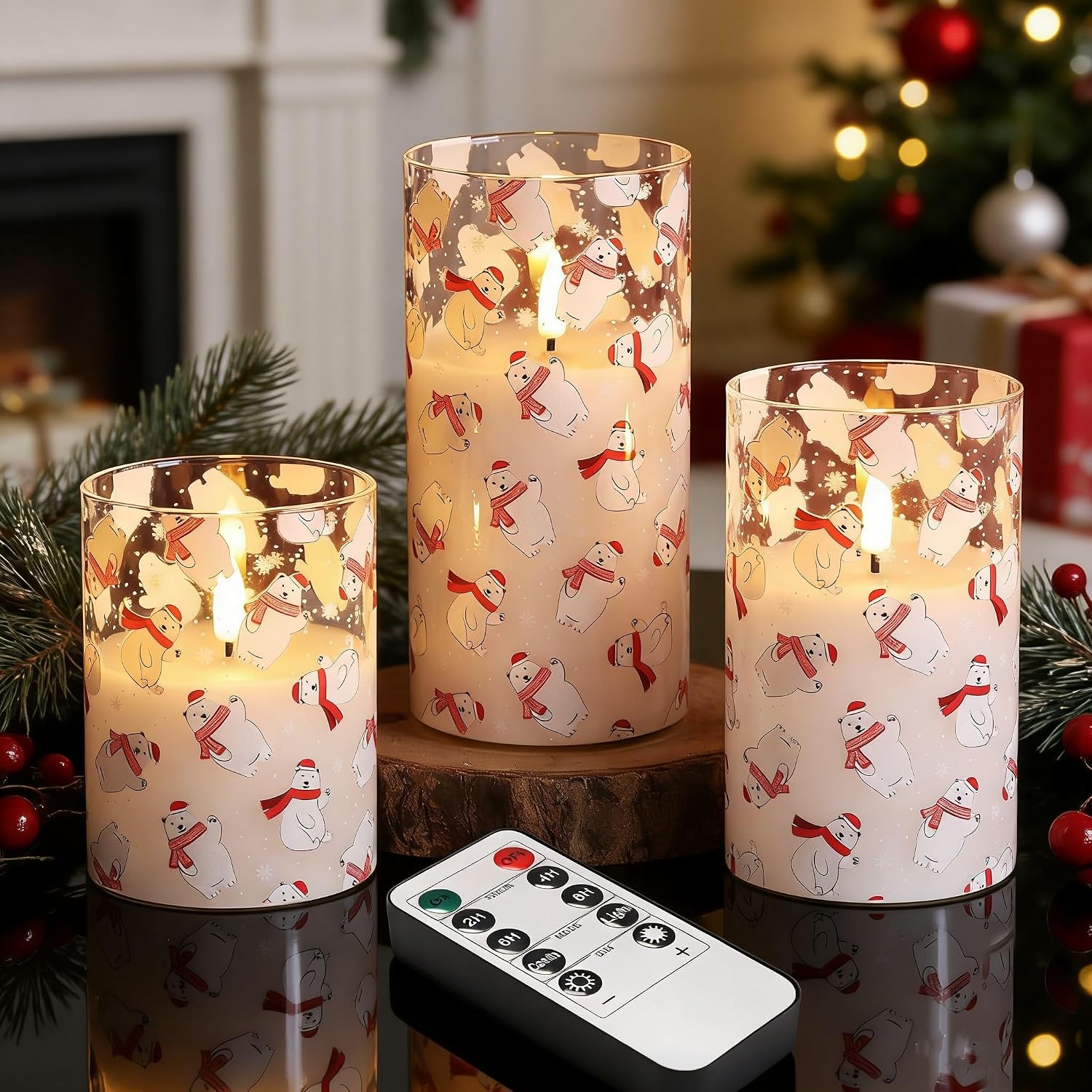 Amber Glass LED Pillar Candles with Remote, Set of 3 - Image 8