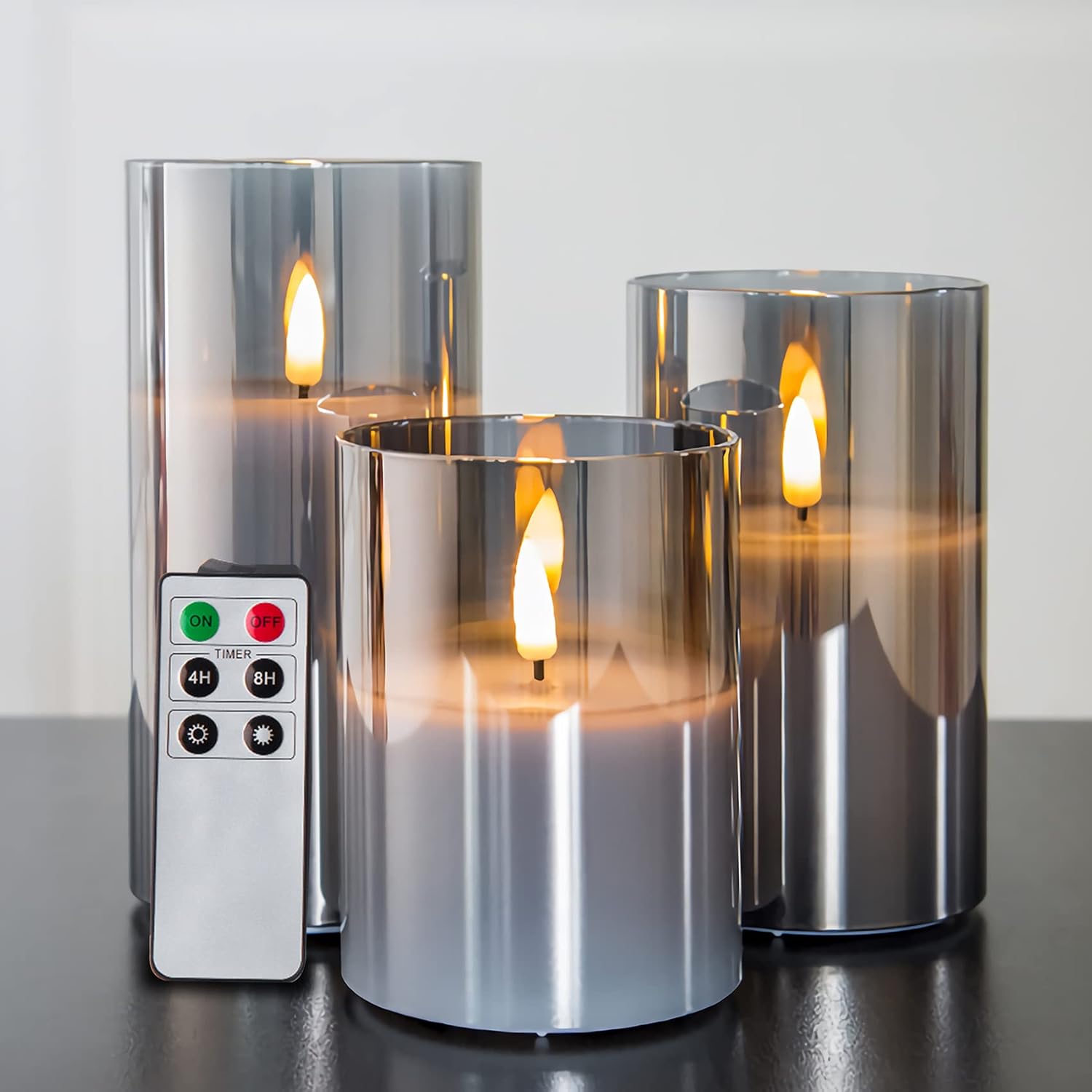 Amber Glass LED Pillar Candles with Remote, Set of 3 - Image 13