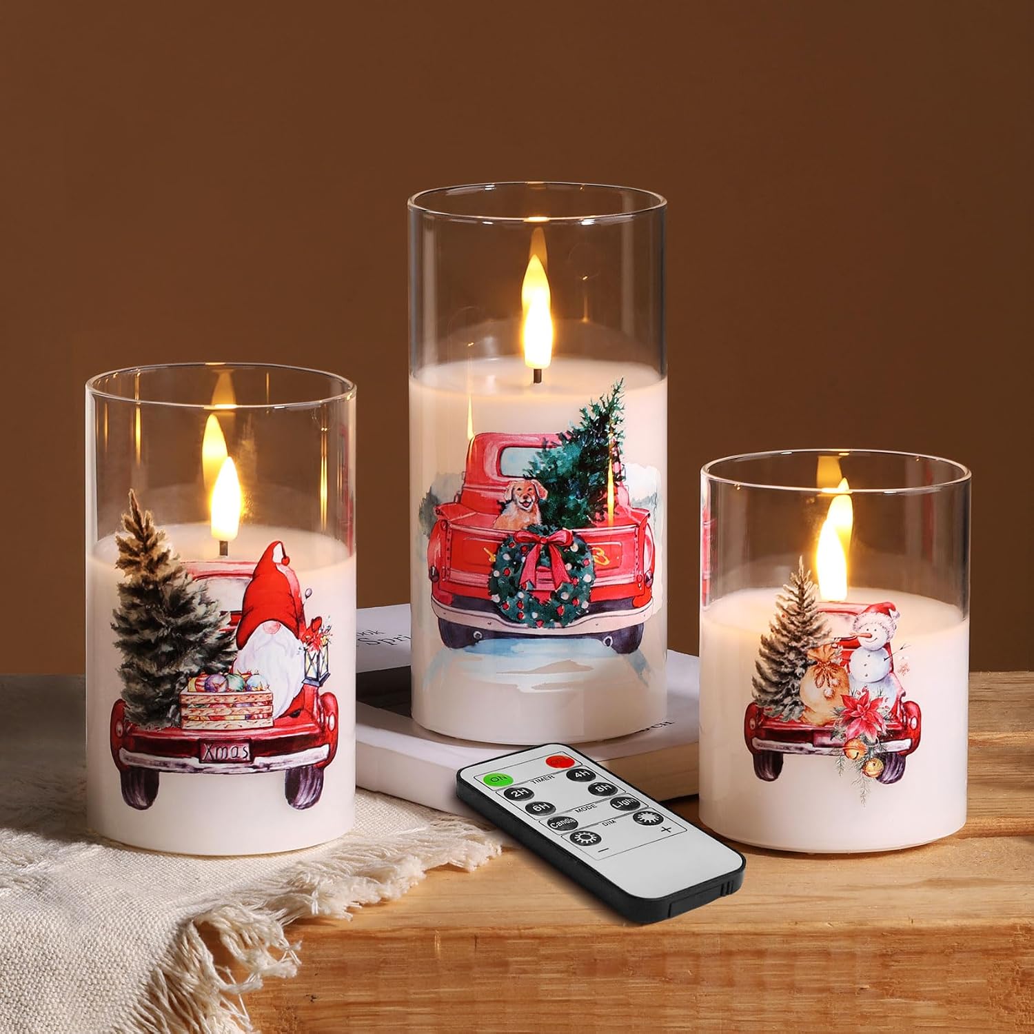 Amber Glass LED Pillar Candles with Remote, Set of 3 - Image 9
