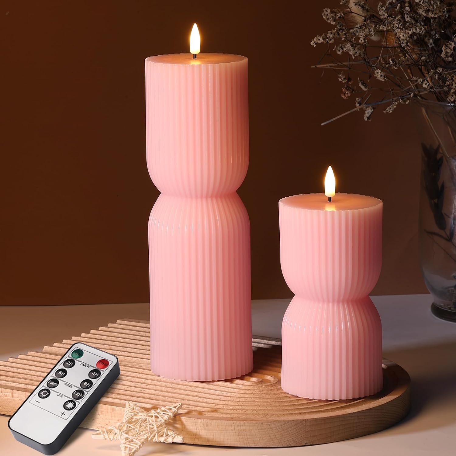 Olive Green Ribbed Flameless Pillar Candles with Remote, Set of 2 - Image 11