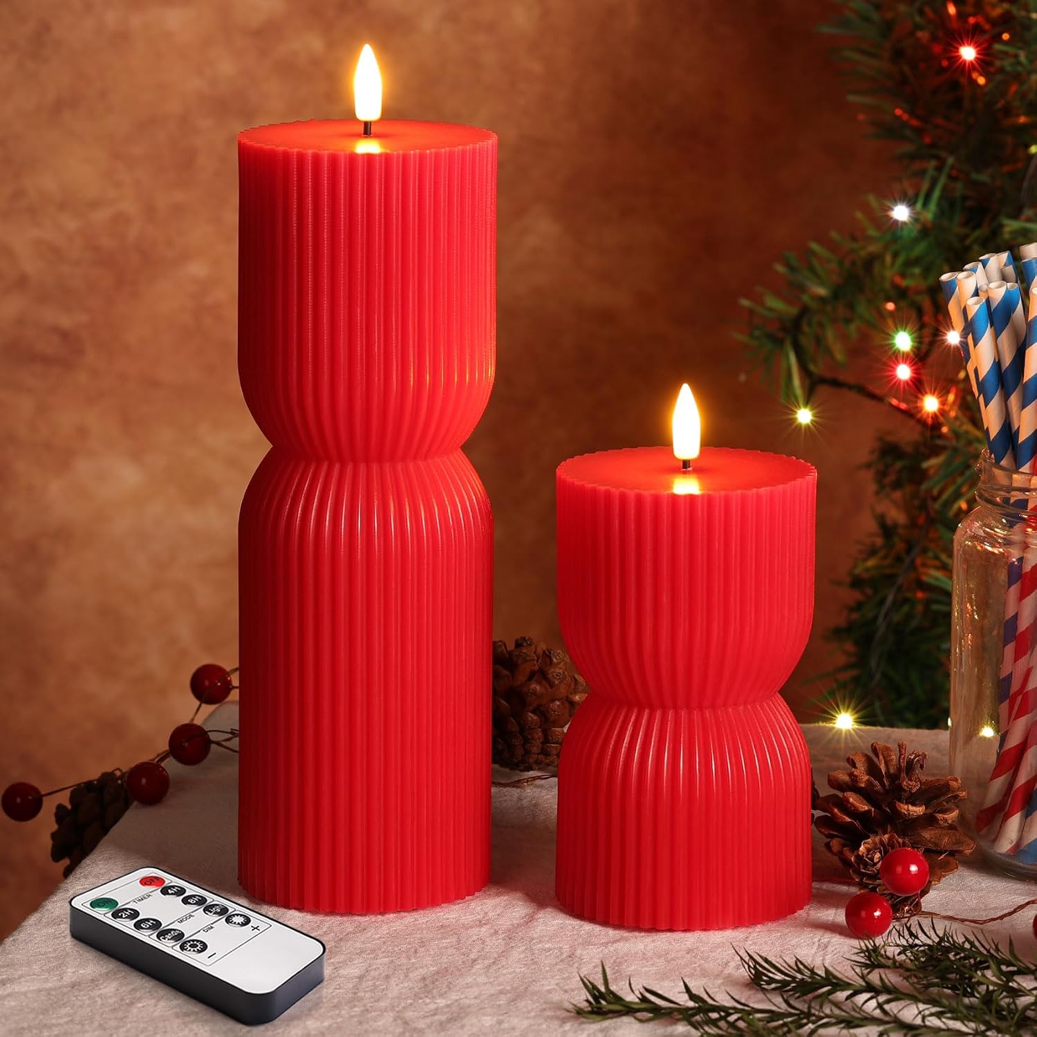 Olive Green Ribbed Flameless Pillar Candles with Remote, Set of 2 - Image 12