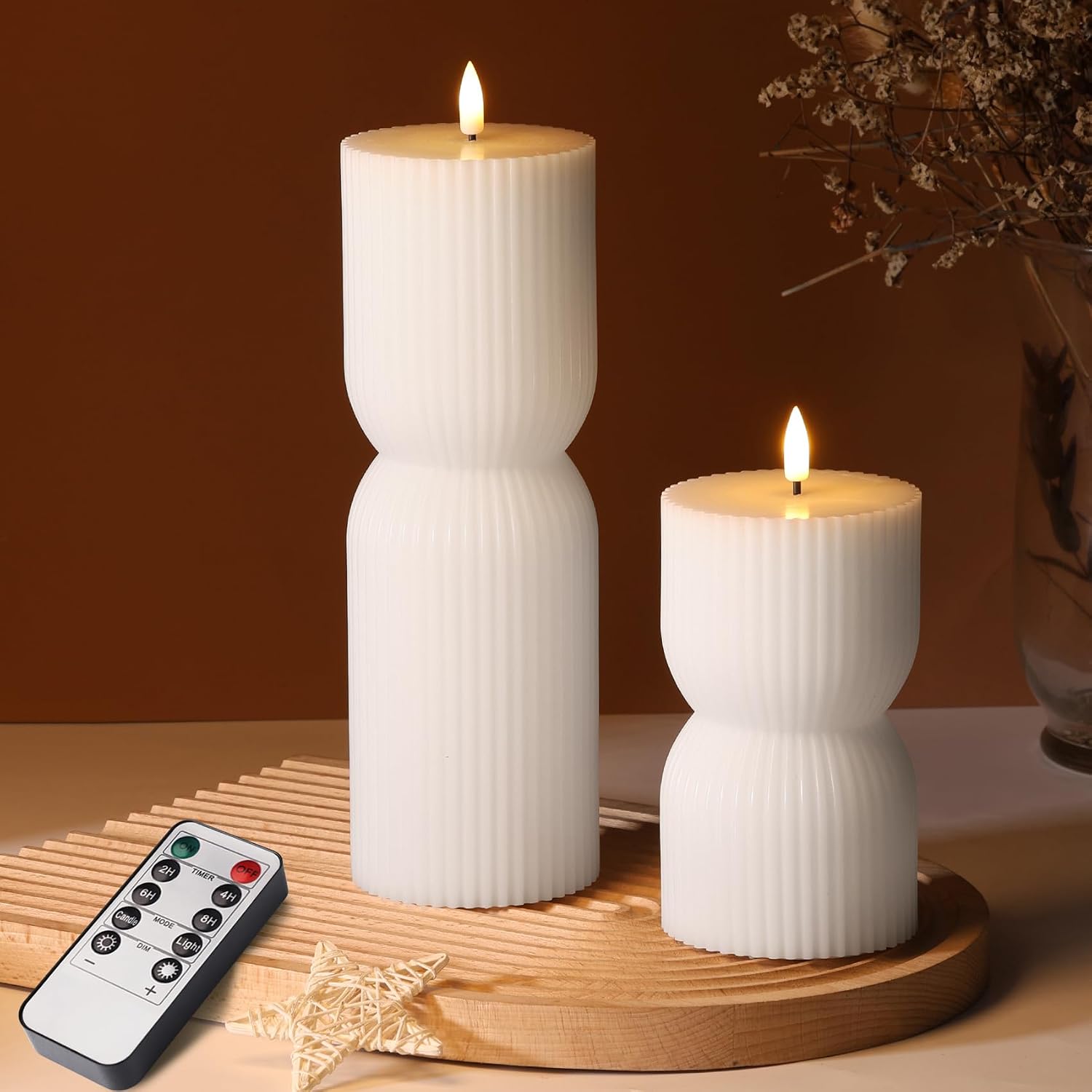 Olive Green Ribbed Flameless Pillar Candles with Remote, Set of 2 - Image 10