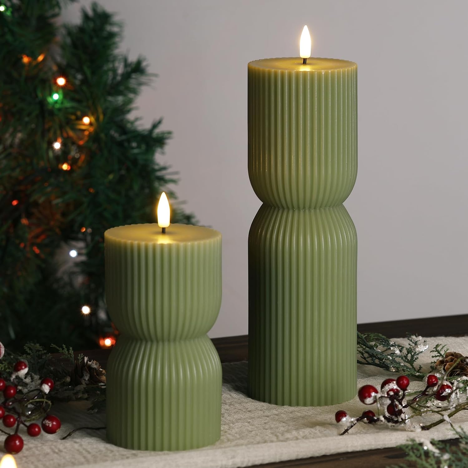 Olive Green Ribbed Flameless Pillar Candles with Remote, Set of 2 - Image 8
