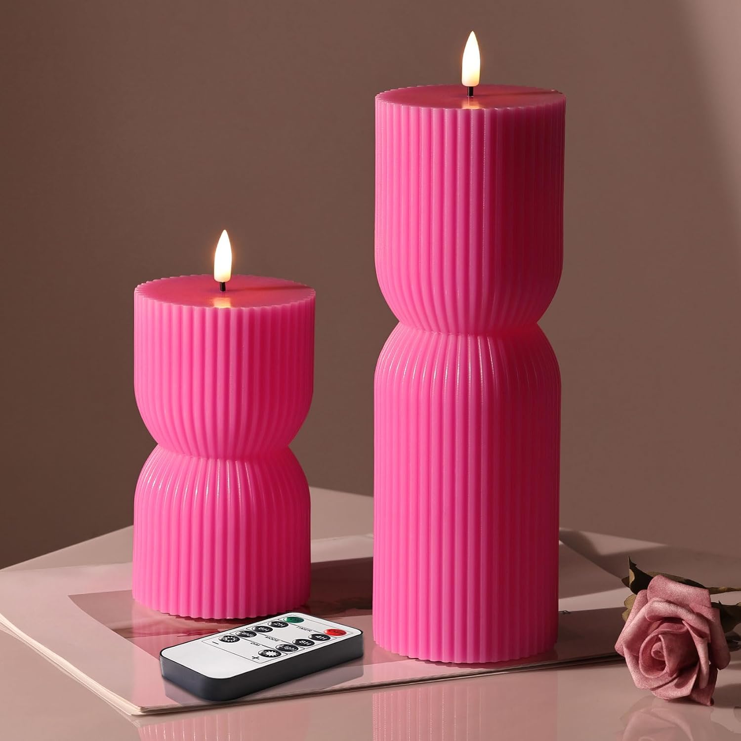 Olive Green Ribbed Flameless Pillar Candles with Remote, Set of 2 - Image 9