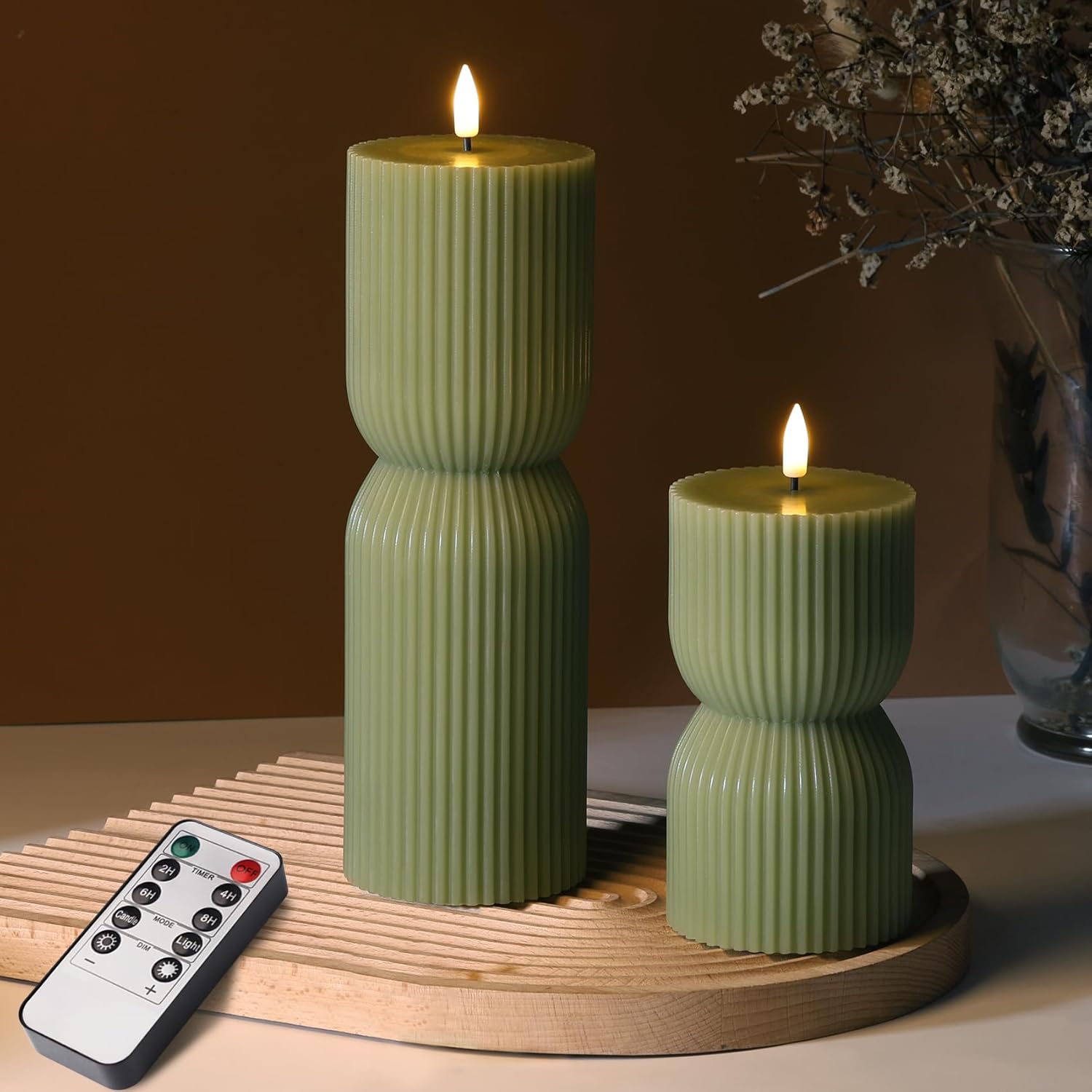 Olive Green Ribbed Flameless Pillar Candles with Remote, Set of 2