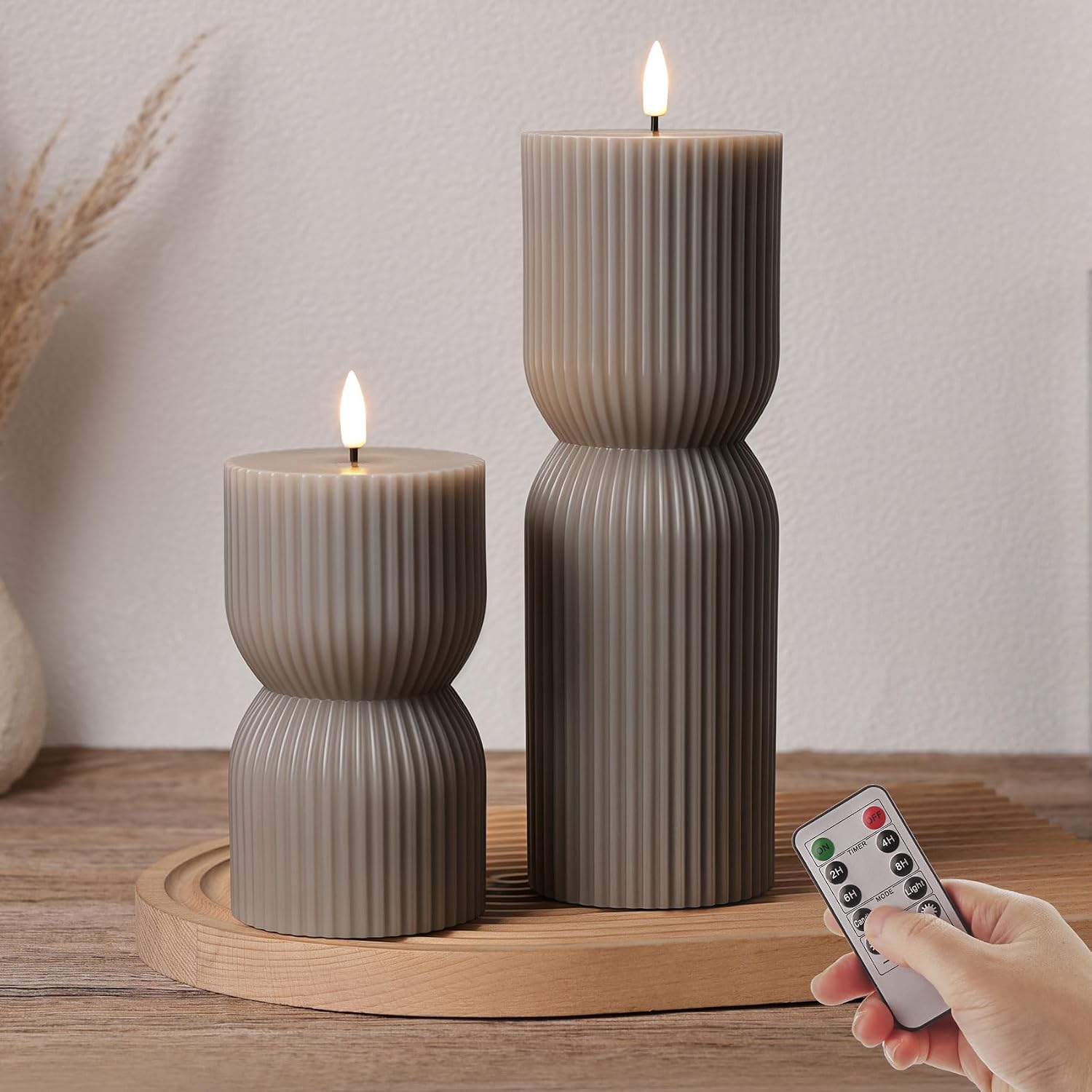 Olive Green Ribbed Flameless Pillar Candles with Remote, Set of 2 - Image 13
