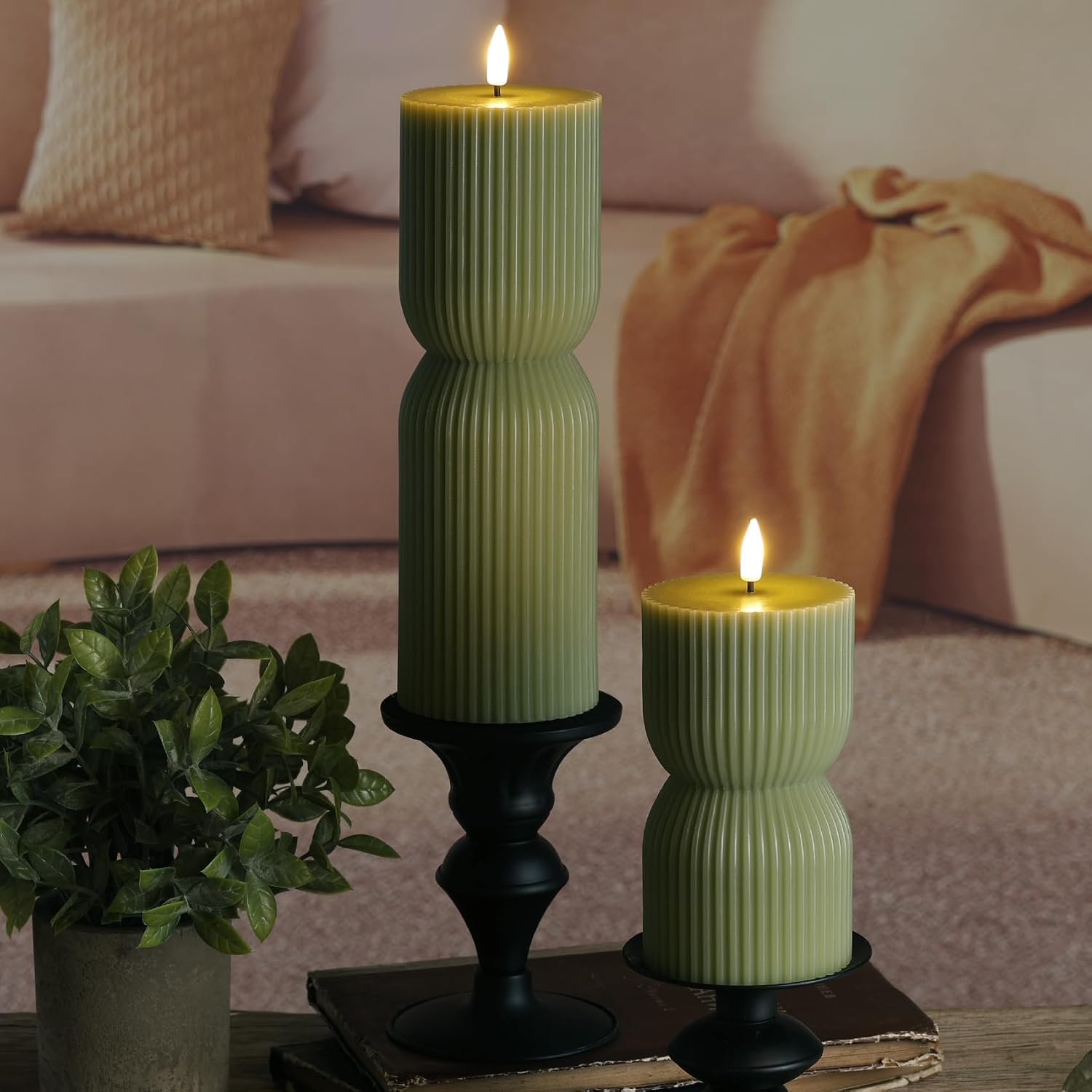 Olive Green Ribbed Flameless Pillar Candles with Remote, Set of 2 - Image 7