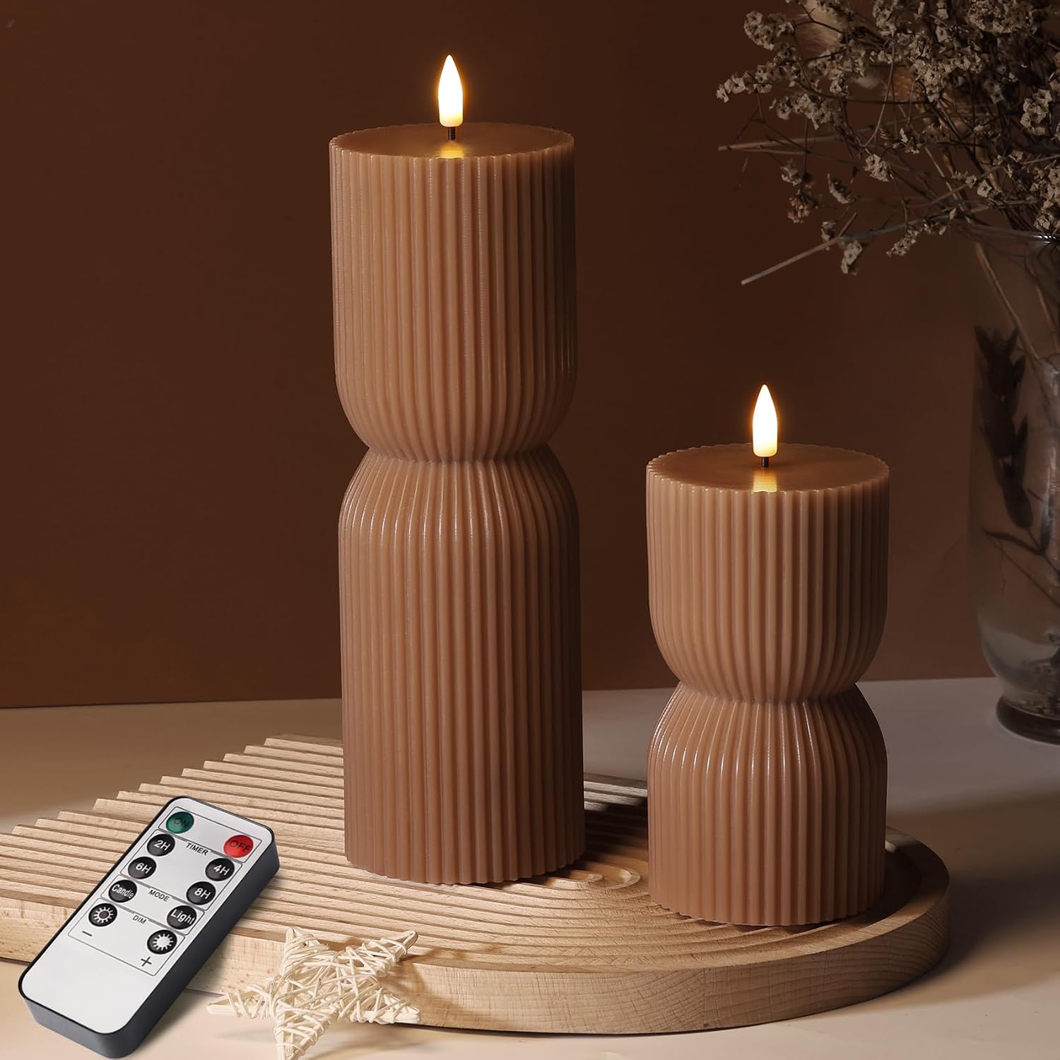 Olive Green Ribbed Flameless Pillar Candles with Remote, Set of 2 - Image 14