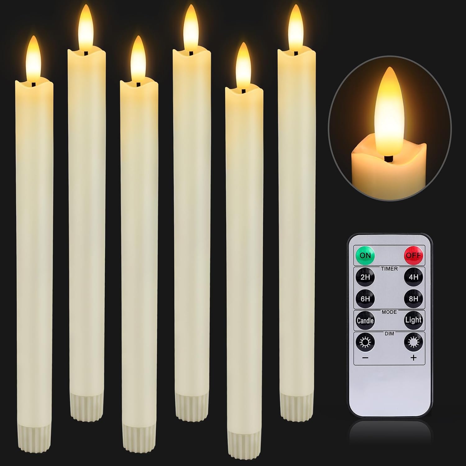 Flameless LED Taper Candles, Real Wax, 6 Pieces with Remote