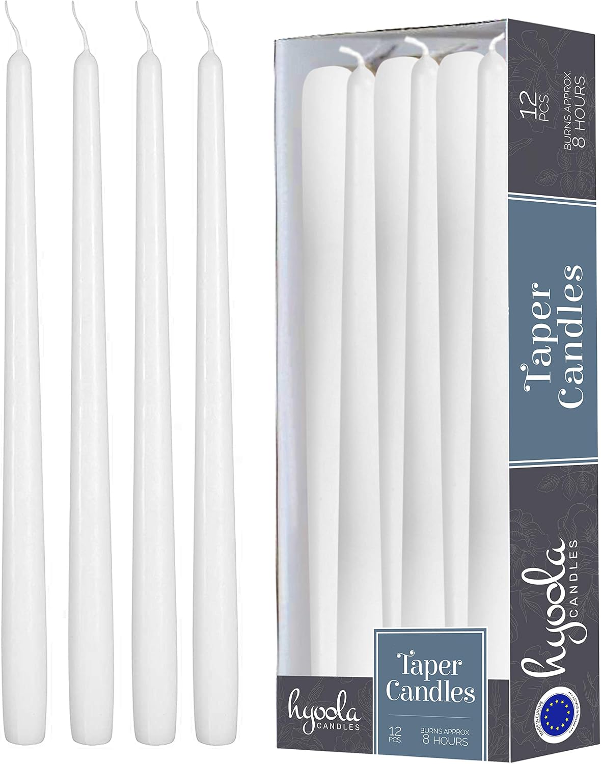 12 White Unscented Taper Candles, Dripless Paraffin, 10 Inch