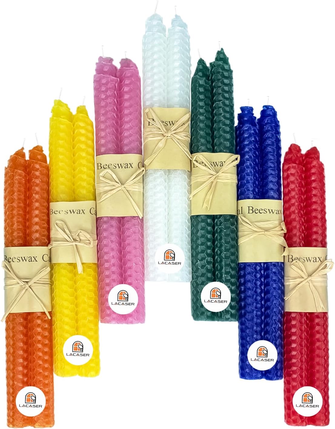 14 Beeswax Taper Candles, Assorted Rainbow Hues, Unscented, 9 Inch