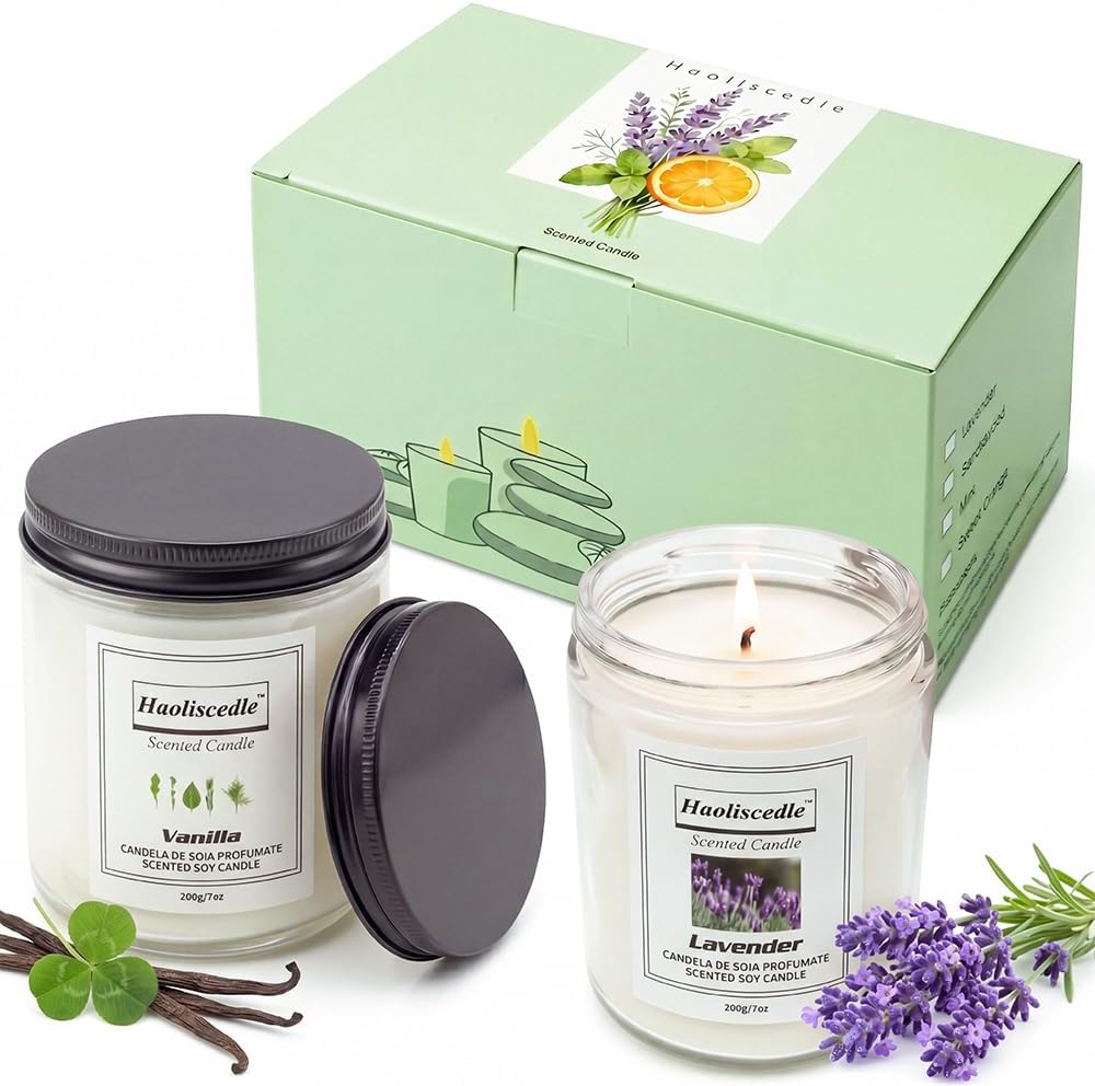 Lavender and Vanilla Scented Jar Candles, Two Piece Set
