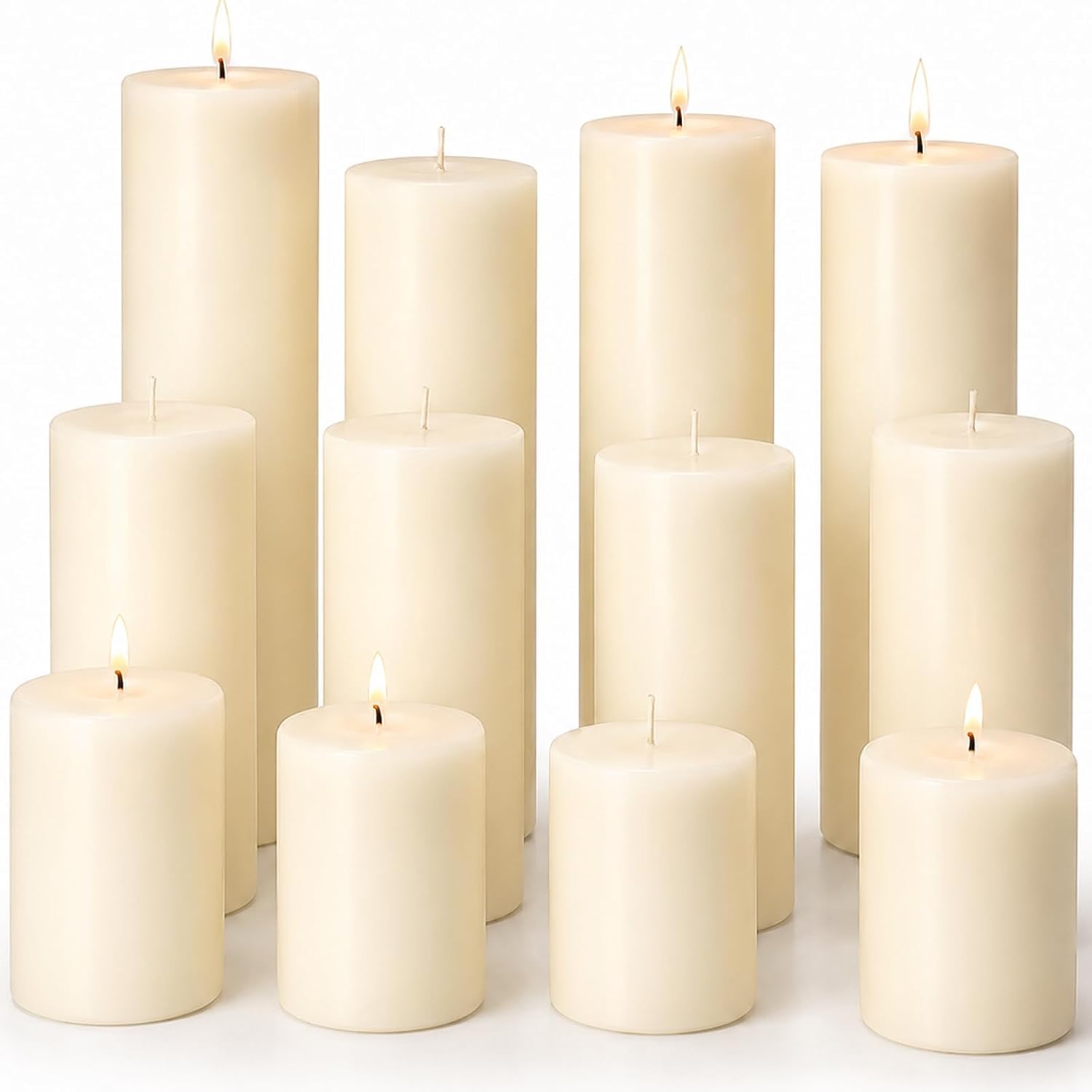 Ivory Unscented Pillar Candles, Assorted Sizes, 12 Pack