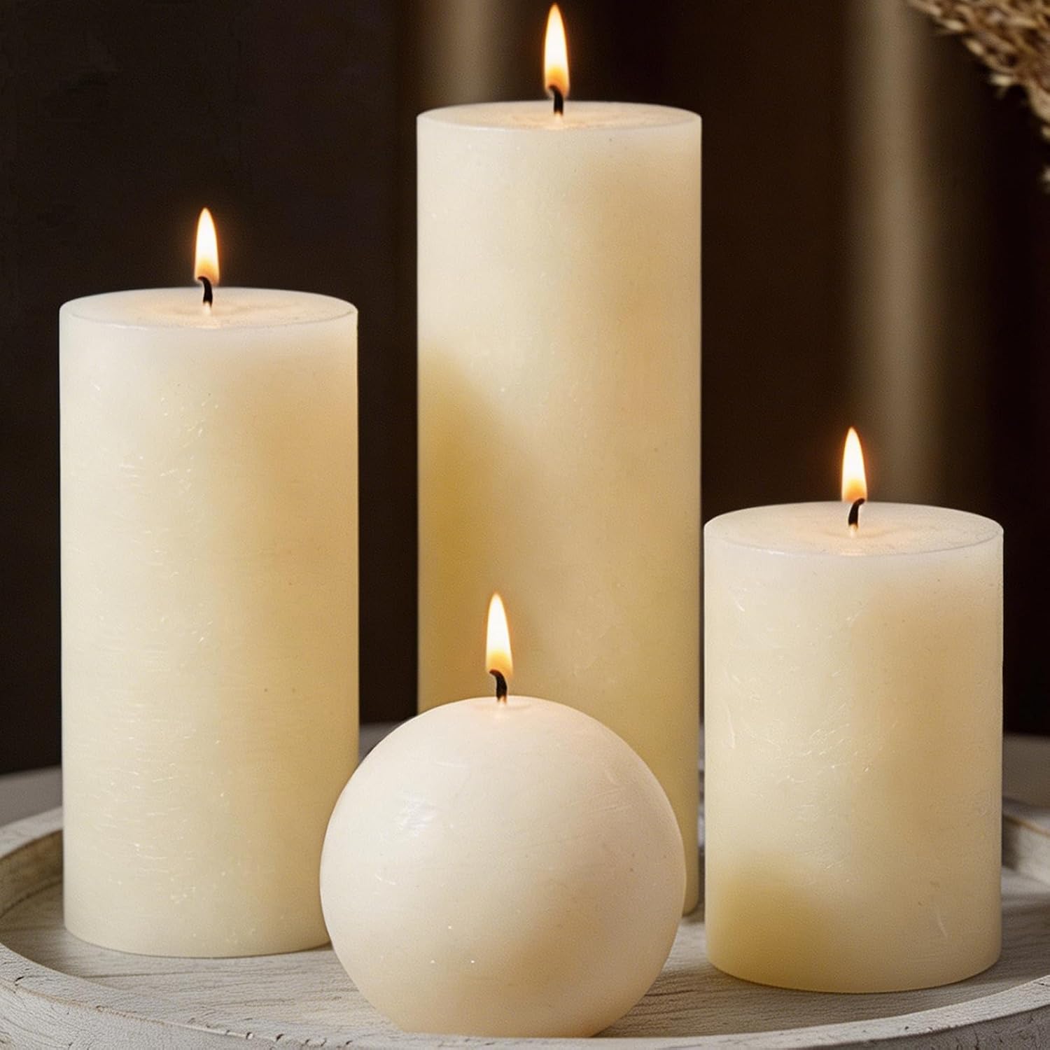 Ivory Unscented Pillar and Sphere Candles, 4 Piece Set
