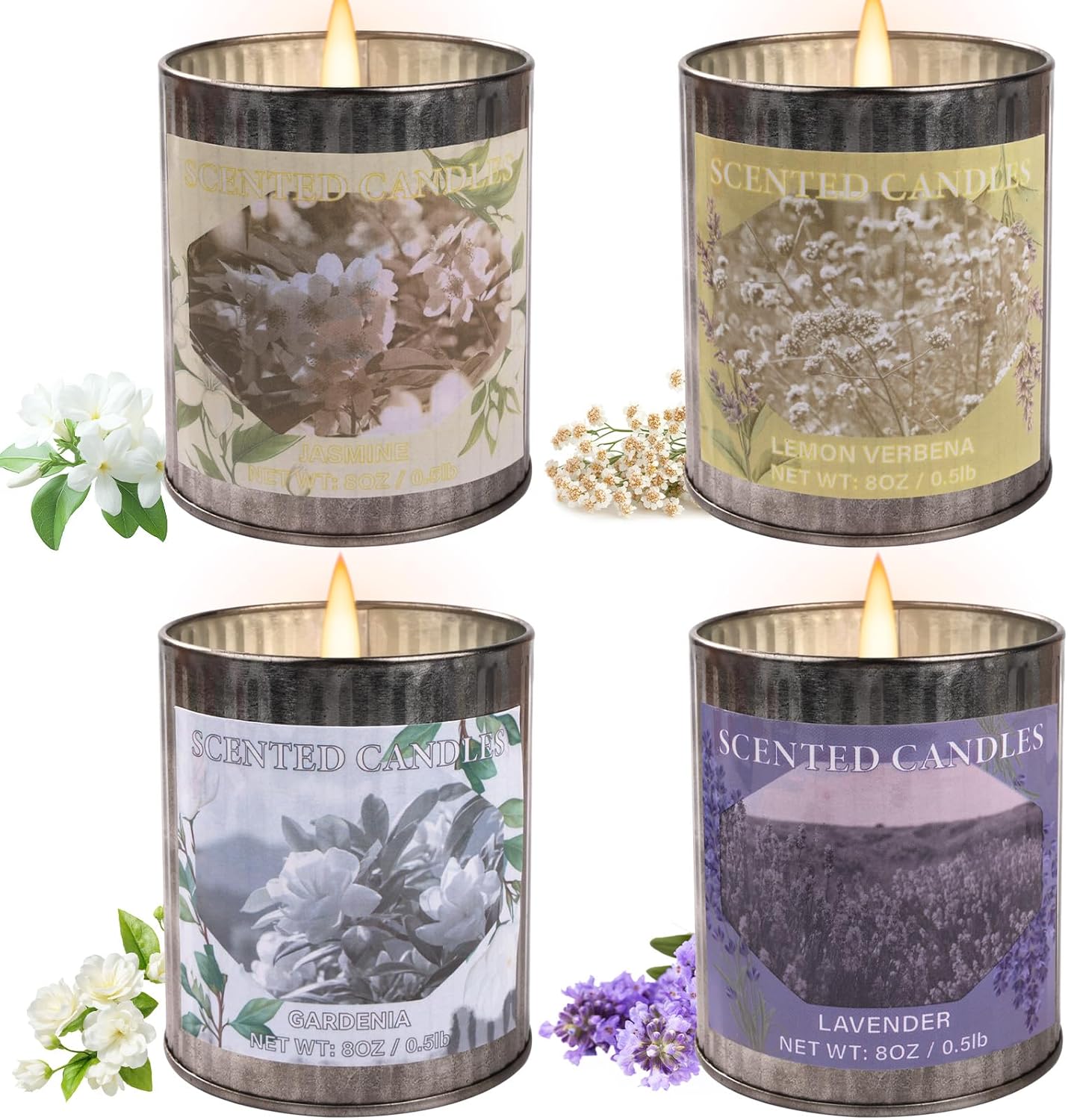 Scented Candle Set, Four Tin Jar Candles, Soy Wax Blend