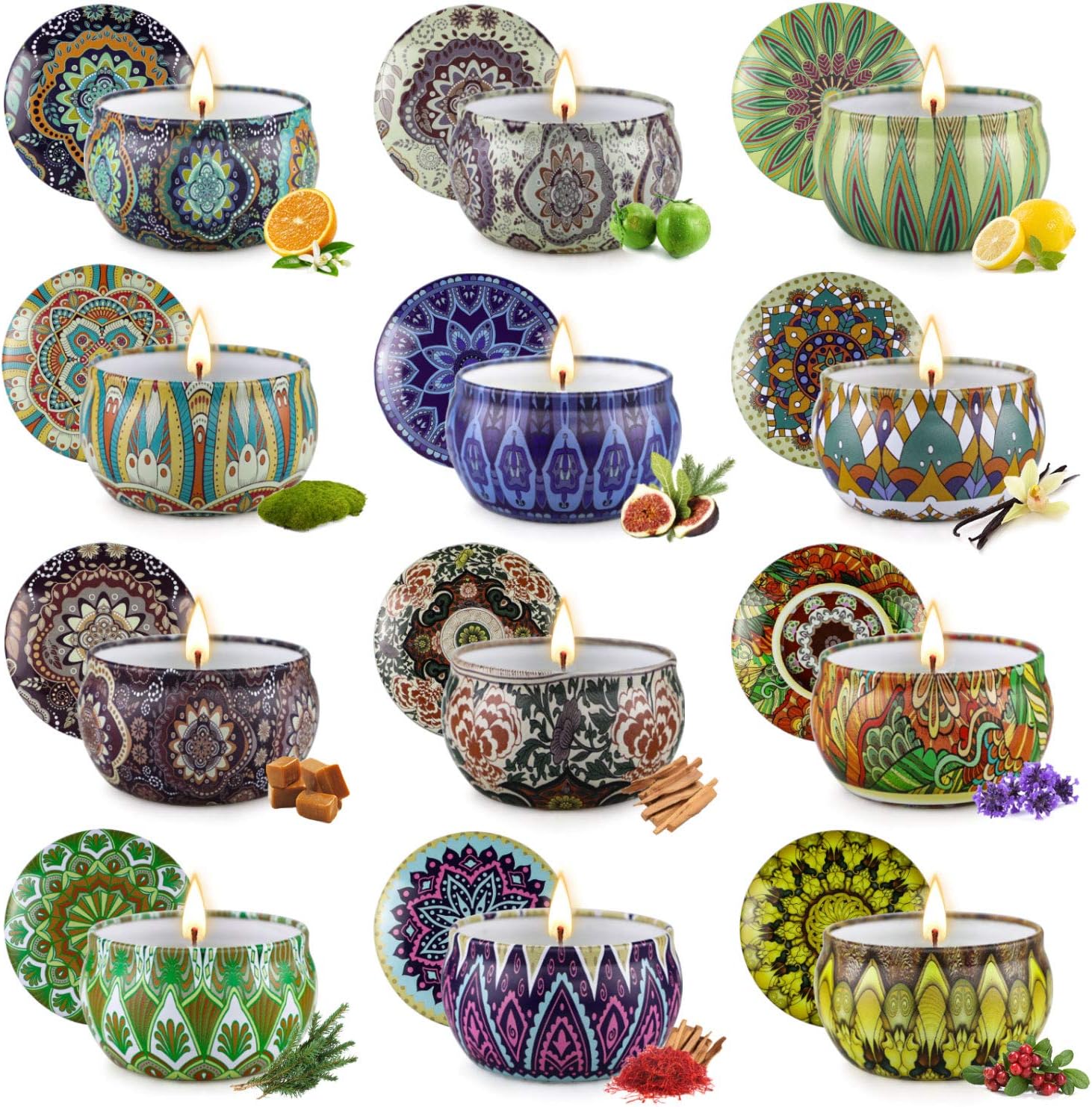 12 Scented Candles in Decorative Tins, Soy Wax Gift Set