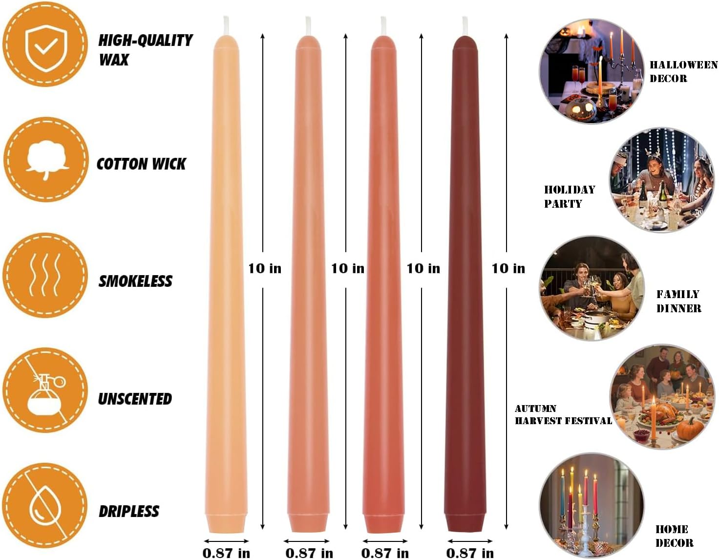 12 Unscented Taper Candles, Earth Tone Gradient, 10 Inch - Image 7