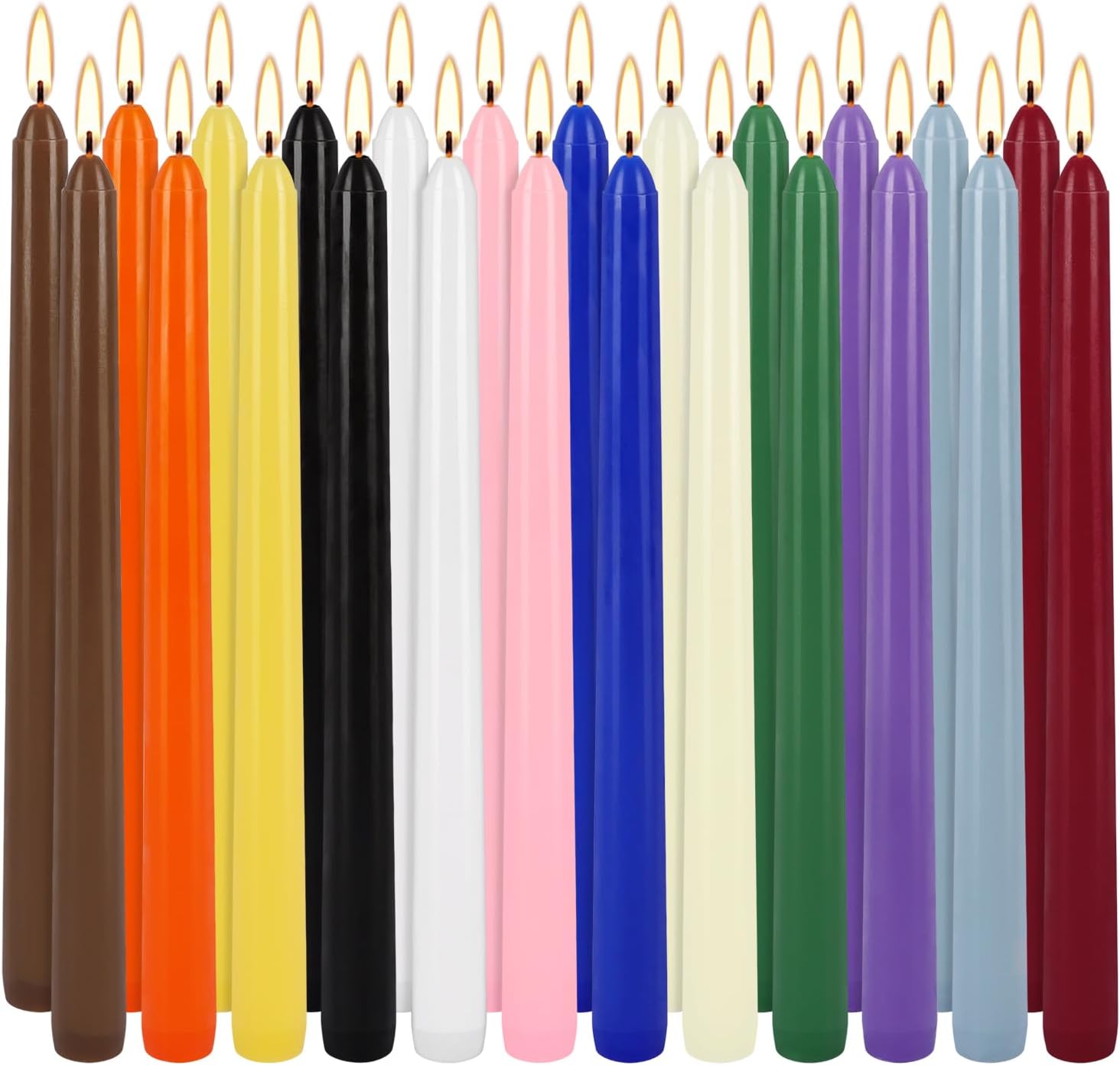 24 Assorted Colour Taper Candles, Unscented, Dripless, 10 Inch