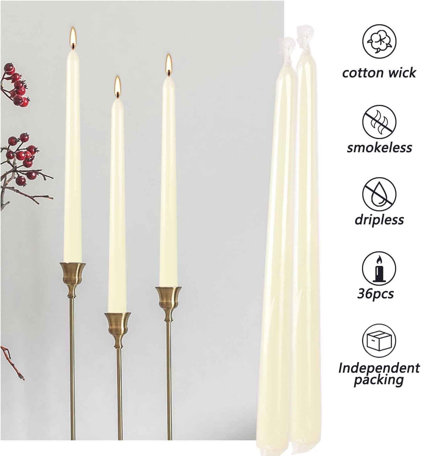 36 Pack Ivory Unscented Taper Candles, Smokeless, 10 Inch - Image 7